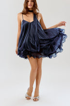 Scintilla shimmer dress in dark navy, worn