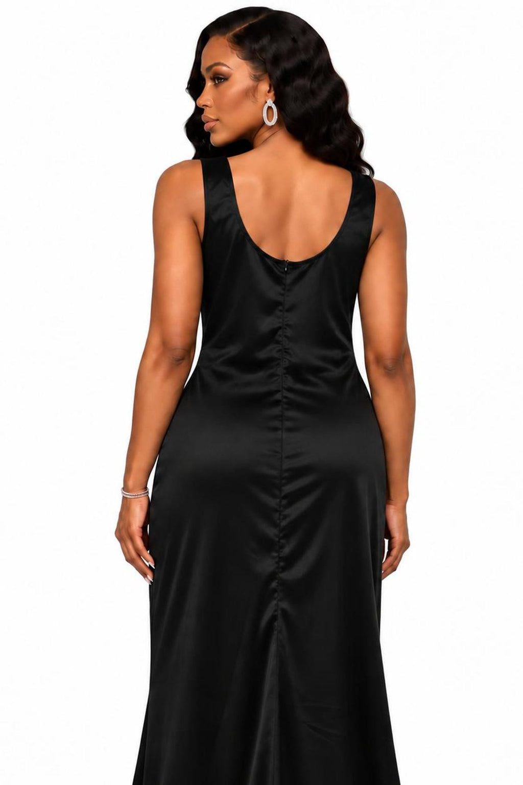 Sera satin gown in black, back view