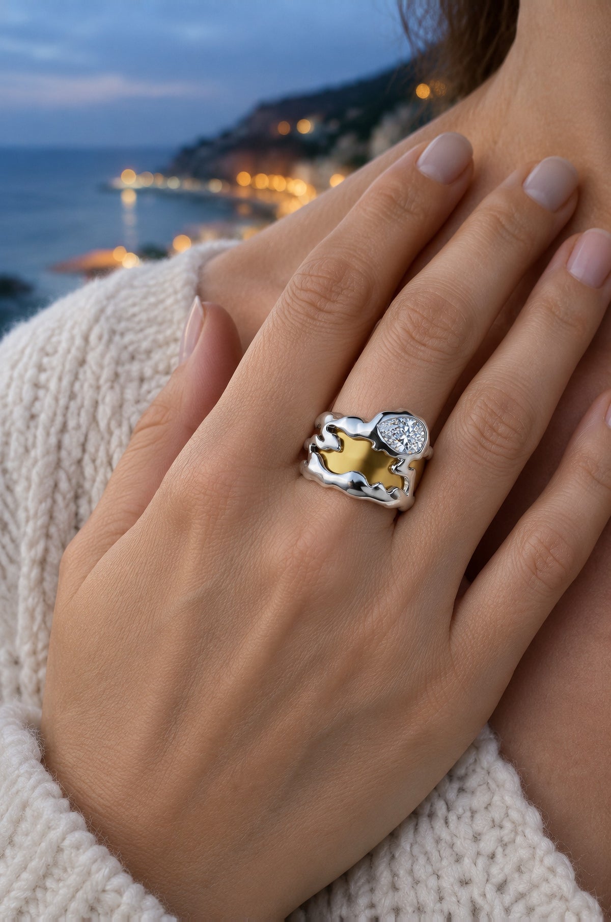 Woman at blue hour wearing the silver Vulcano ring cover